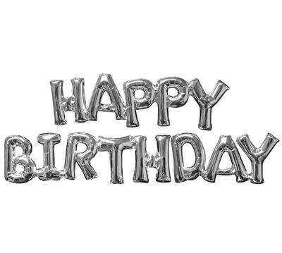 "Happy Birthday" Silver Shaped Phrase Balloon